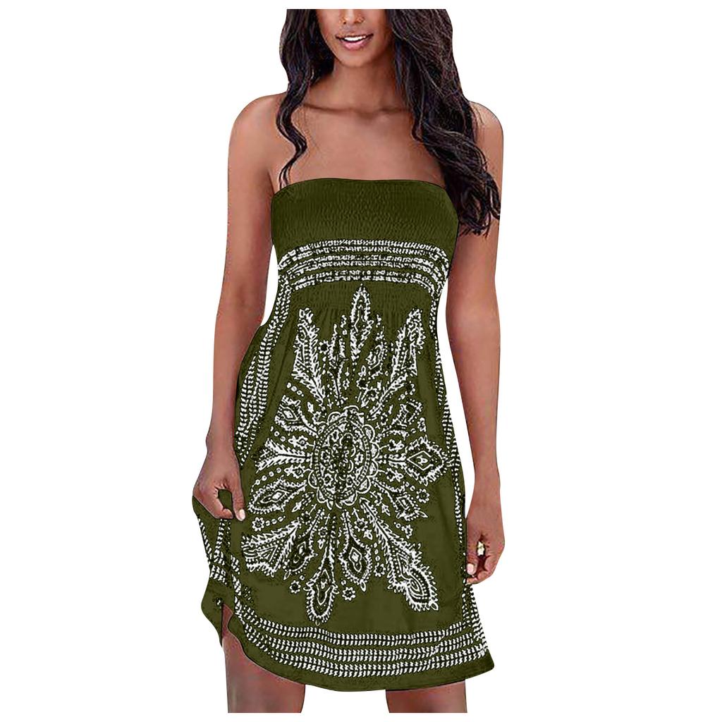 Women Sexy Fashion Print Sleeveless Strapless Knee-Length Party A-Line Dress