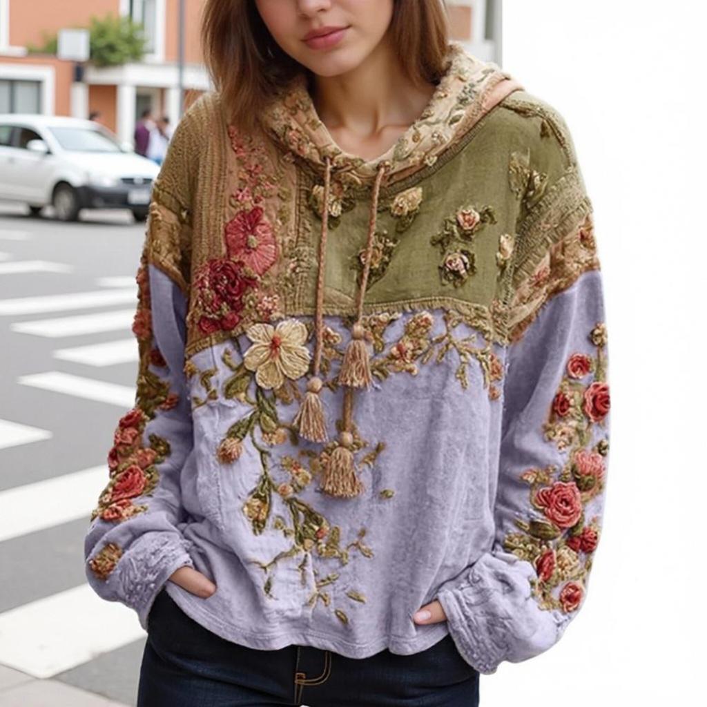 Dámská móda Dlouhý rukáv S kapucí Vintage Patchwork Květinový potisk Ležérní mikina Top