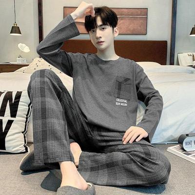 Ensemble Pyjama à Carreaux Style Coréen pour Homme – Haut à Col Rond à Manches Longues & Pantalon Long pour le Printemps