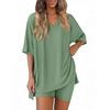 Women's Summer Fashion V-Neck Pajama Set - Casual, Loose, Solid Color