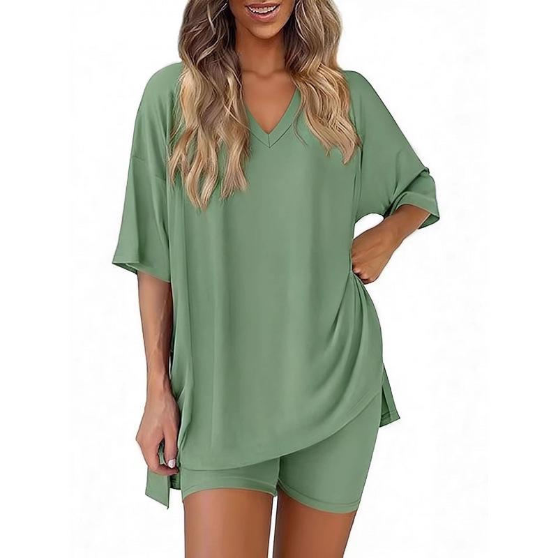Women's Summer Fashion V-Neck Pajama Set - Casual, Loose, Solid Color