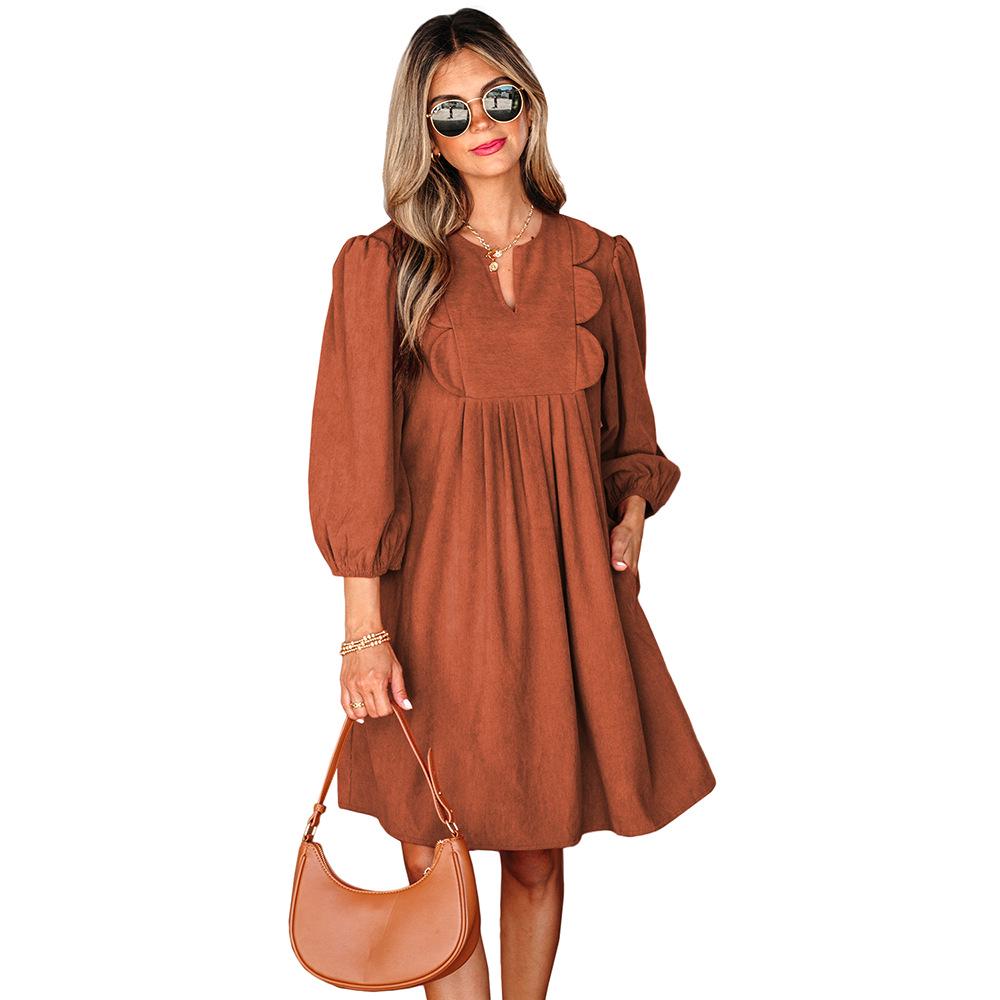 

Европейское и американское женское платье-миди с острым воротником: Однотонный пуловер с высокой талией и рукавами 3/4. Medium