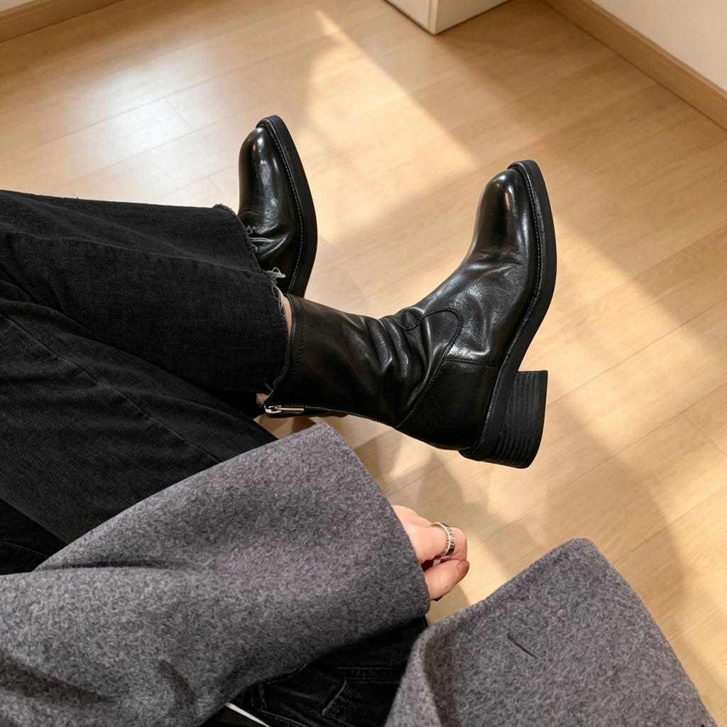 Autumn and Winter Washed Leather Thick-soled Heightening Short Boots Women's Retro Thin Boots Thick Heel Cigarette Boots Martin Boots