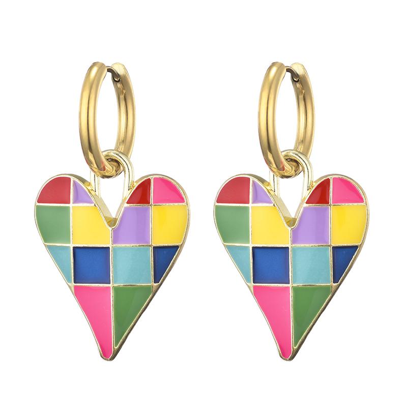 Colorful Love Heart Pendant Gold Color Stainless Steel Earrings For Women Jewelry Vintage Statement Enamel Round Hoop Earrings