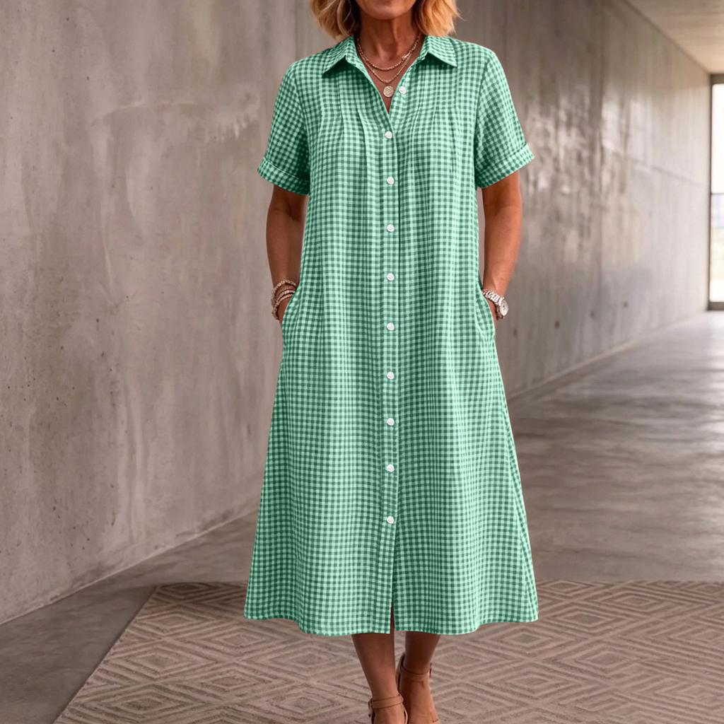 Women Plaid Short Sleeve Shirt Dress Button Down Collared Midi Dress with Pockets Casual Loose Fit Summer Dress