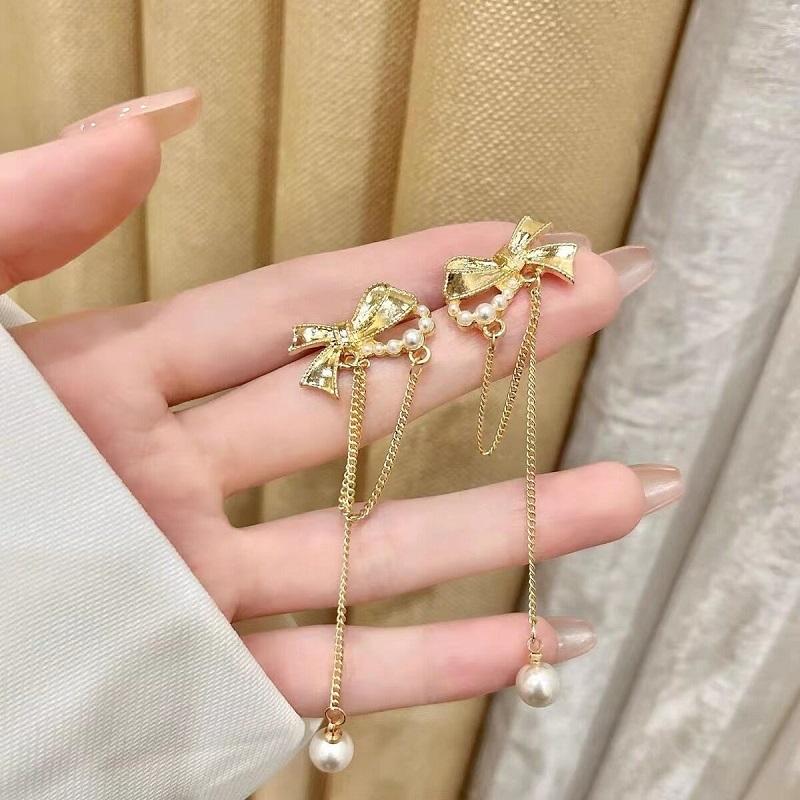 Long Tassel Bow Drop Earrings For Women Fashion Girl Ear Pendants Boho Decor Dangle Pearl Earrings 2022 Trend Jewelry