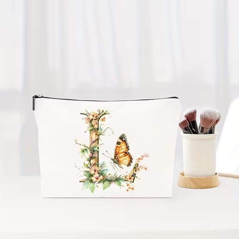 Letter Floral Pattern Zipper Cosmetic Bag Portable Travel Makeup Pouch Multifunctional Toiletry Wash Storage Bag for Women Daily Vacation Organizer