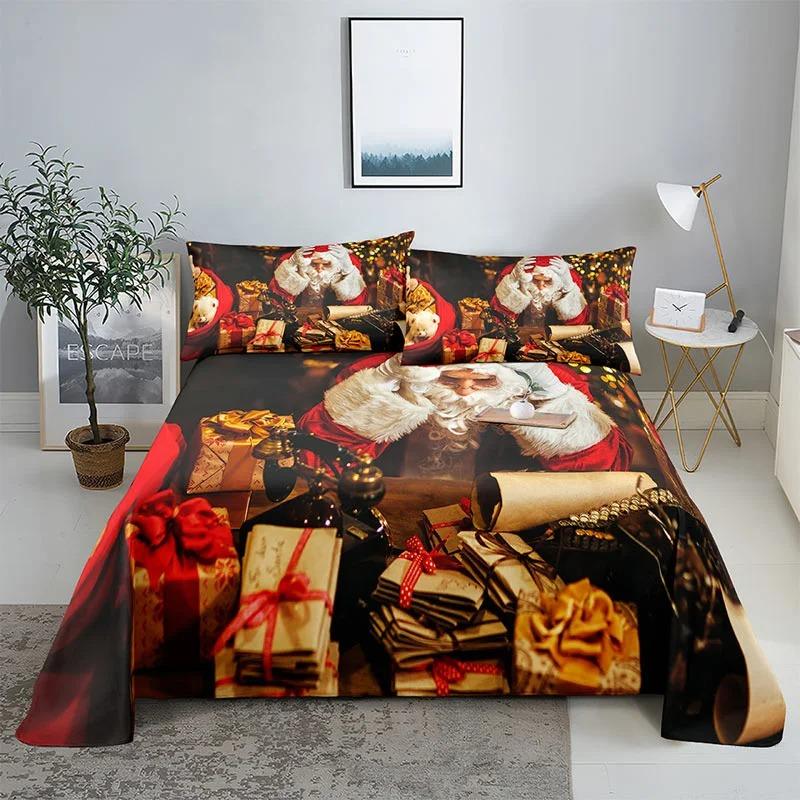 Merry Christmas Bed Sheet Set with Pillowcase 3D Print Santa Claus Home Decor New Year King Queen Full Size Red Bed Flat Sheet