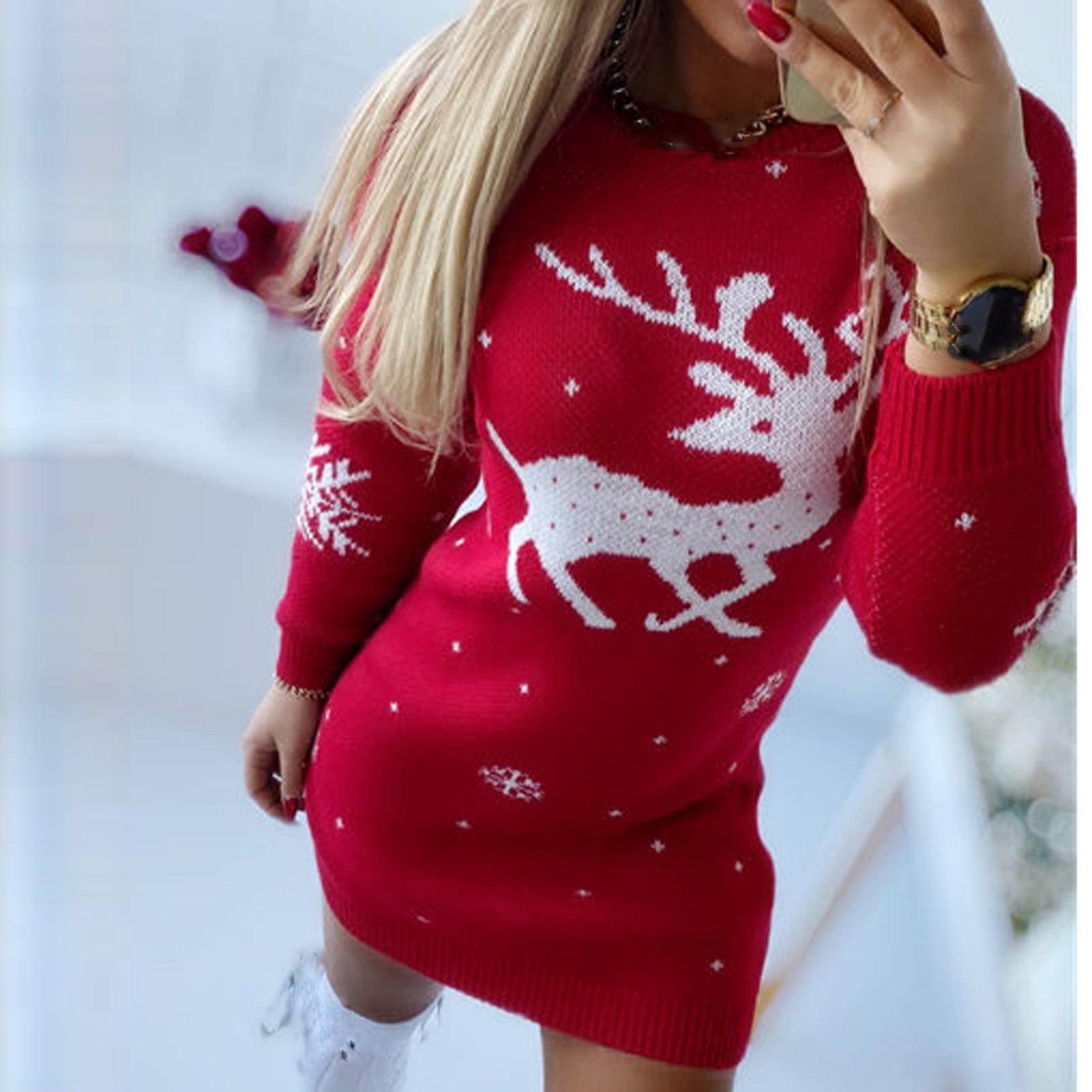 

Женская мода Рождественский вязаный принт с длинным рукавом и круглым вырезом Платье-свитер L красный