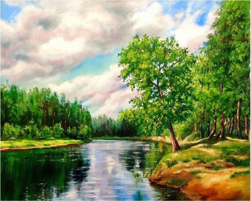 Diamond Painting Running Water Countryside Landscape Spring 5D Diamond Embroidery Cross Stitch Dog Animal Pictures of Rhinestones Mosaic Sale Wall Art