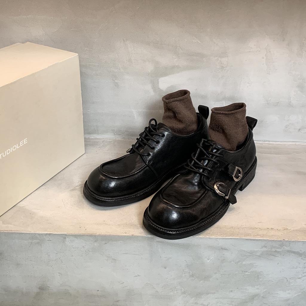 Cowhide Version~ Grape Ma with the Same Height Increase of 5cm Washed Horse Leather British Style Loafer Shoe Head Double Buckle Belt Small Leather