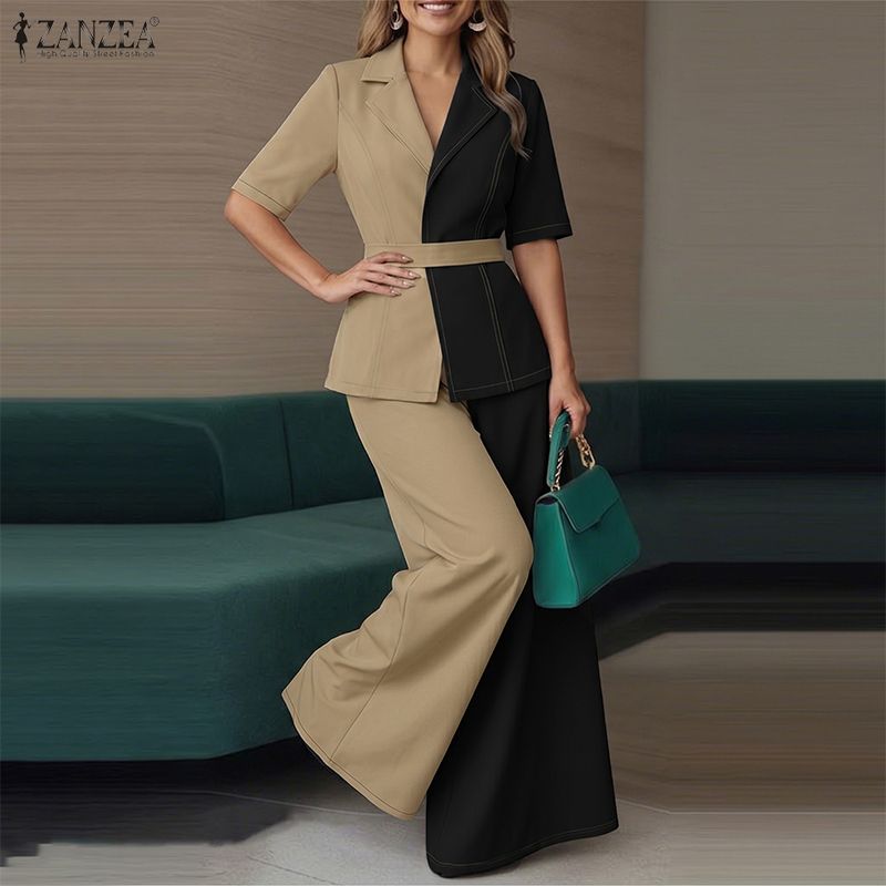 ZANZEA Women Patchwork Short Sleeve Blouse and Long Pants Casual Two Piece Suit Sets