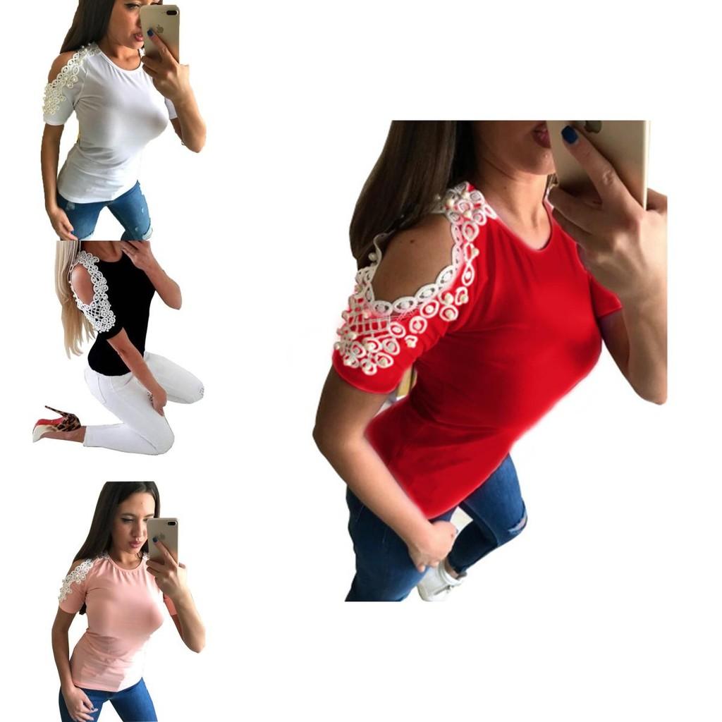 Stylish Women Short Sleeve Off Shoulder Lace Splice Blouse For Casual And Formal Wear