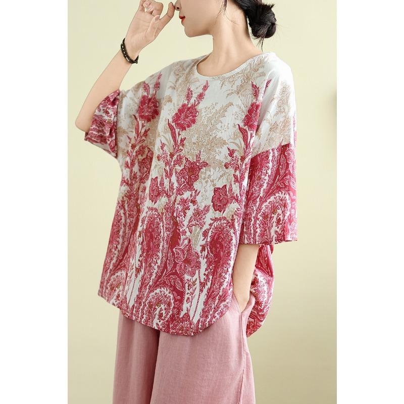 New Cotton and Linen Women's Large-size Summer Retro Casual Loose Top T-shirt for Women