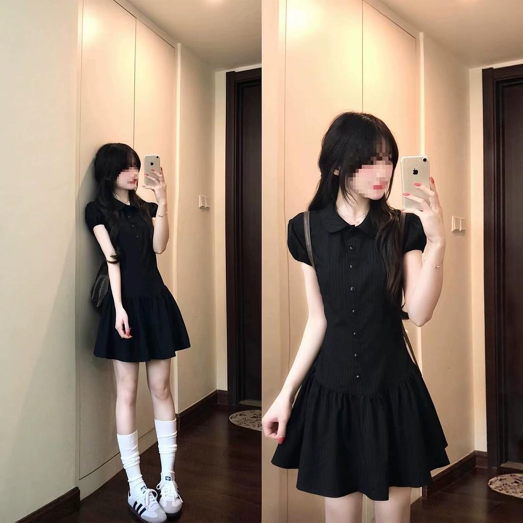 Retro Doll Collar Black Vertical Striped Dress Women's Summer New Short-sleeved Slim-fitting Student Slim Short Skirt Burst