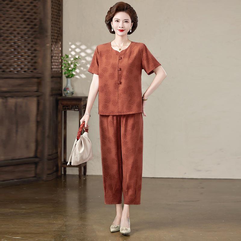 2026 Stylish Cotton Linen Summer T-Shirt Set for Middle-Aged Women