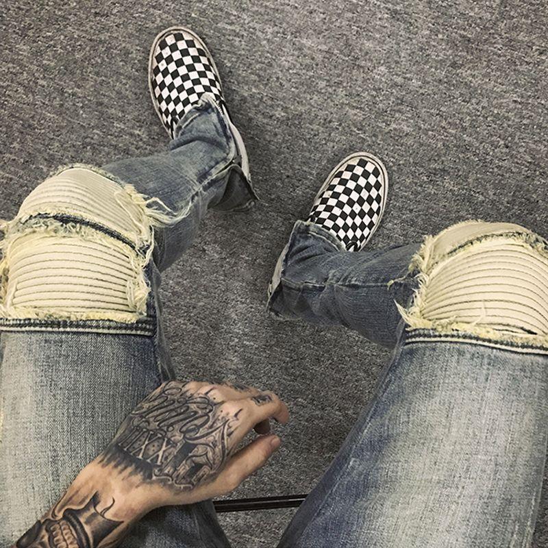 

High Street Kanye Heavy Locomotive Patchwork Patch Heavy Wash Yellow Slim fit Elastic Feet Jeans Fashion Man GD Washed Blue EUR36