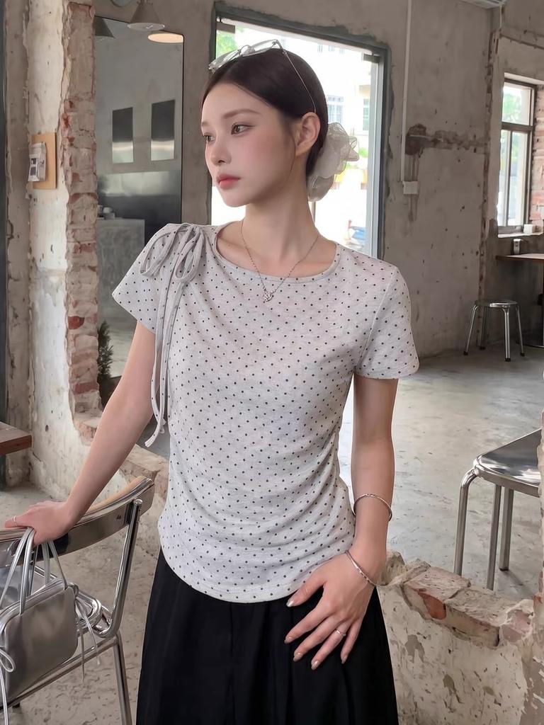 Korean Gray Polka Dot Strap Short-sleeved T-shirt Women's Summer Slim and Thin Versatile Spice Girl Top