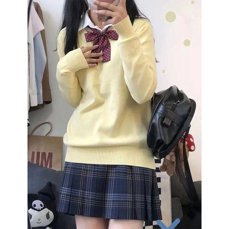 Pulovr s výstřihem do V ve stylu vysoké školy - Volný střih, Jednobarevný, Pletenina s dlouhým rukávem pro podzim a zimu