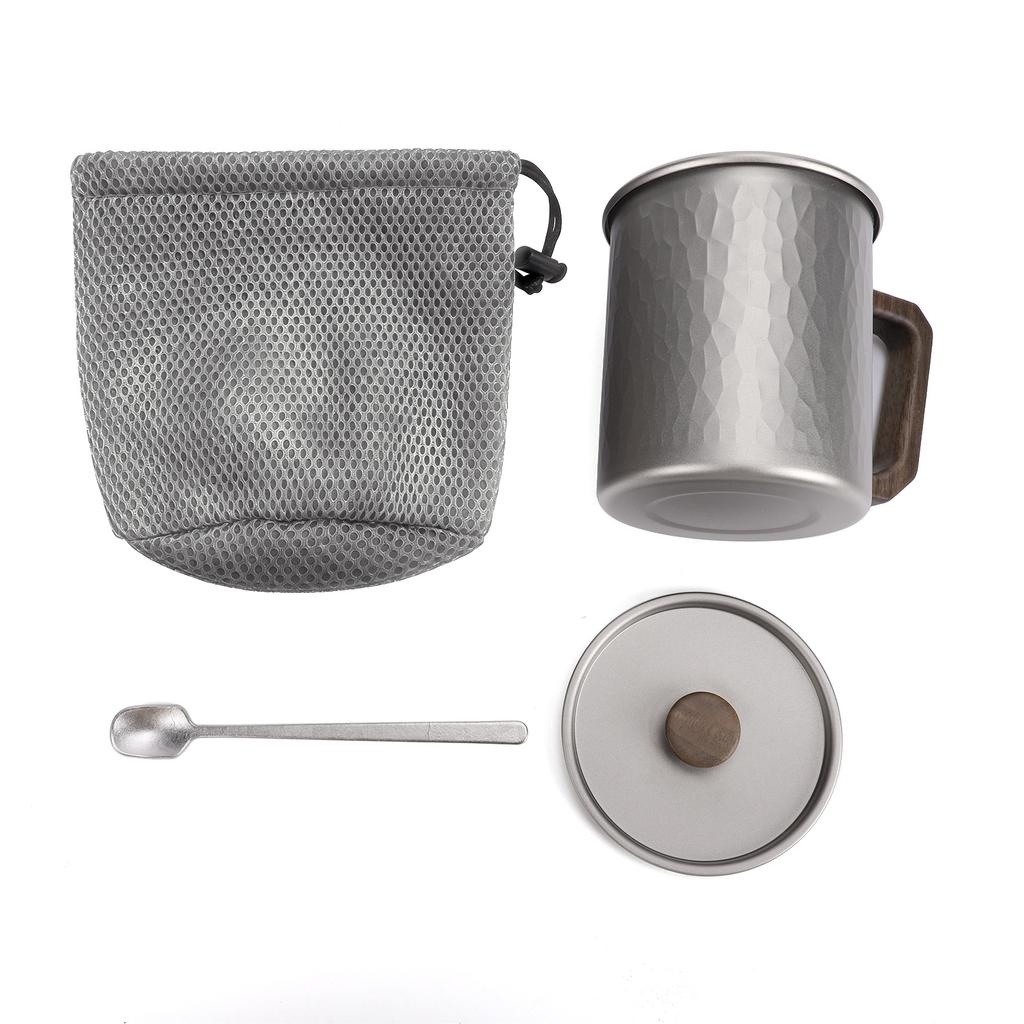 Ti Camping Cup 450ml with Wood Handle Lightweight Coffee Mug with Lid and Spoon for Outdoors Hiking Cup with Spoon