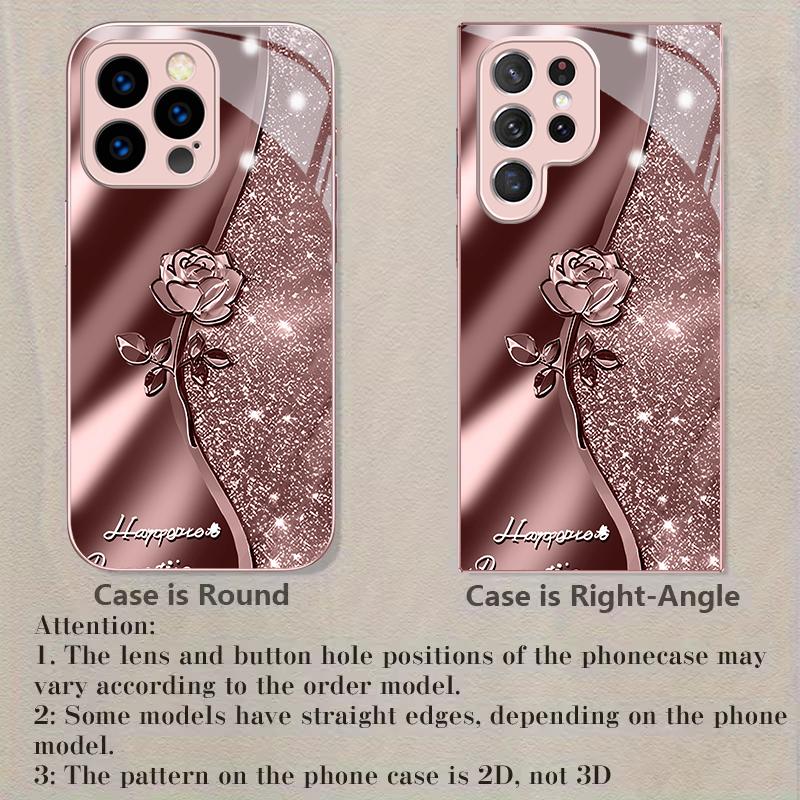 Sparkle Rose Emboss Pink Metallic Glass Phone Case For iPhone 11 12 13 14 15 16 17 Pro Max Plus 17Air 16E 7 8 Xr XsMAX Cover