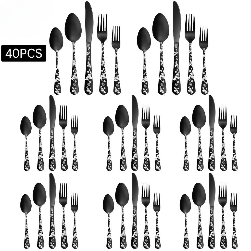 New Pattern Stainless Steel Tableware 40 Pieces Suit PVD Plated Printed Black Carved Handle Laser