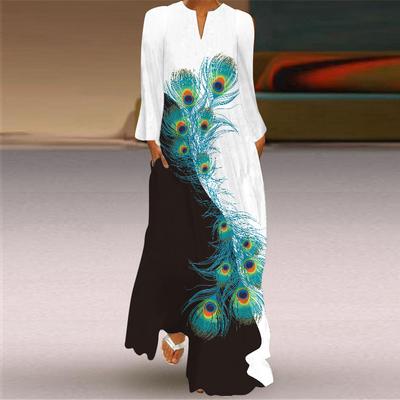 Women's Fashion Autumn Winter Floral Print Long Sleeve V-Neck Loose Casual Dresses