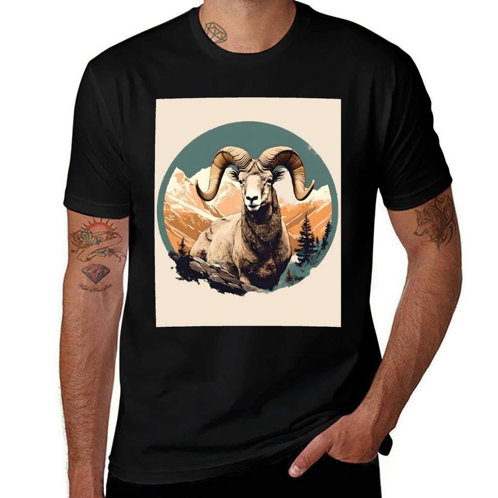 Vintage Colorado Bighorn Sheep Illustration Nature Art Tshirt Classic Crew Neck Cotton Tshirt