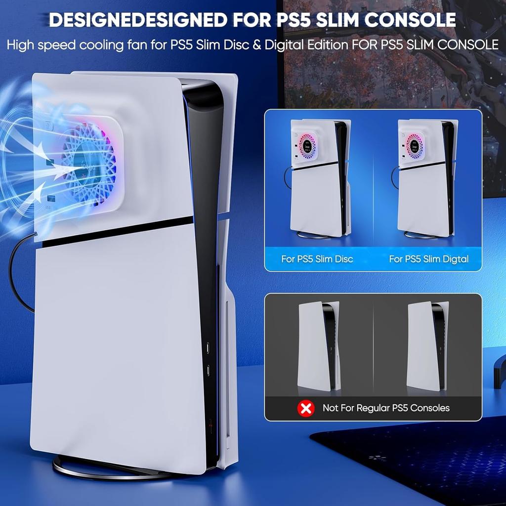 RGB-Lüfter mit Plattenabdeckung für PS5 Slim Digital/Disc, Automatische Geschwindigkeitsanpassung durch Temperatursensor, 3 Lüftergeschwindigkeiten manuell & USB3.0-Hubs, Kühlsystem