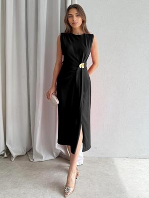 New Women's European and American Sleeveless Casual Solid Color Pleated Slit Long Dress