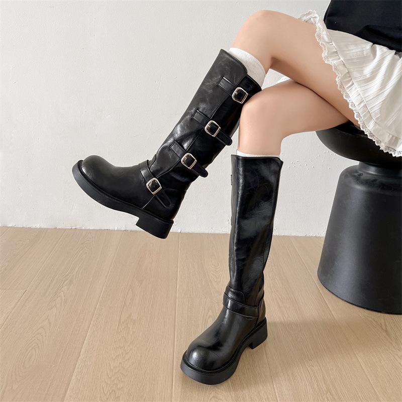 Maillard bruna brittiska platåhöjande stövlar damstövlar 2025 nya höst tunna tjock klack ridstövlar