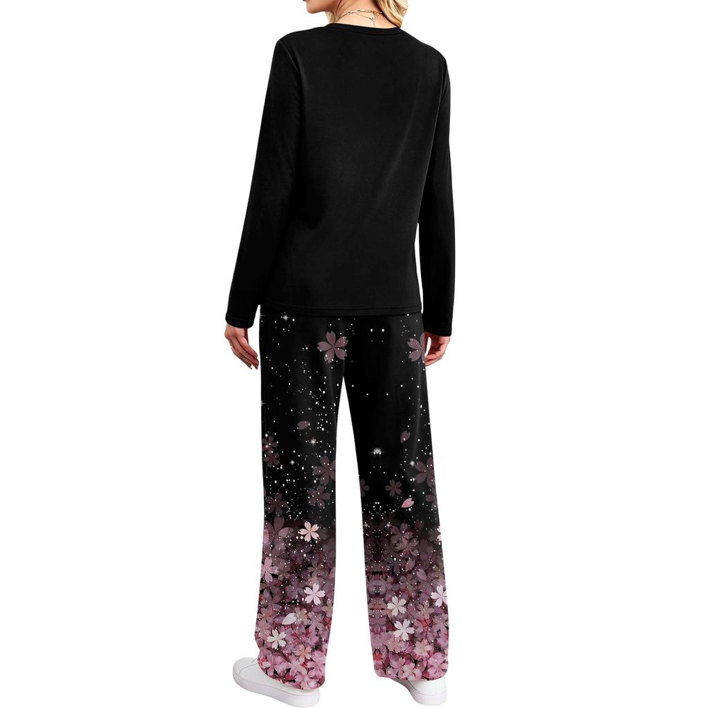 Women's Pajama Set with Pockets, Round Neck Long Sleeve Loose Fit Printed Casual Loungewear for Sleeping At Home