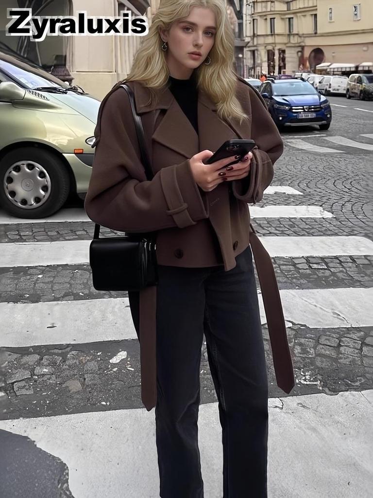 Women's Oversized Collar Woolen Short Belted Coat - Overcoat