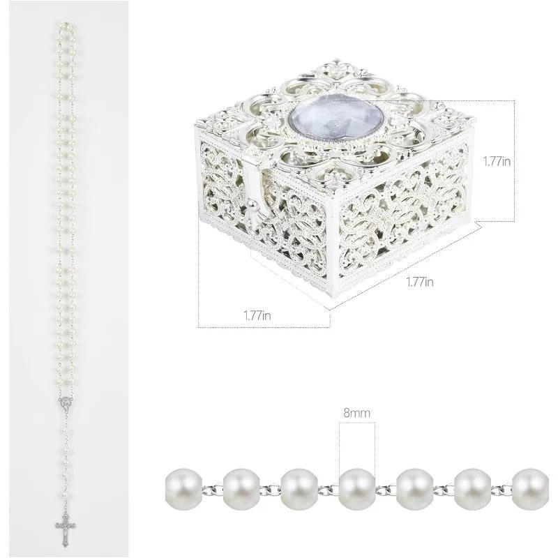 Neues Erstkommunion-Rosenkranz für Mädchen Rosenkranz-Halskette Rosenkranzperlen Rosenkranzperlen Katholisch für Verpackung in Heiliger Kelch Metall-Geschenkbox