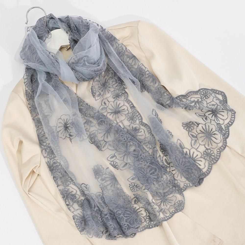 

Casual Retro Women s Lace Scarf Long Korean Version Ladies Shawl Embroidered Flower Thin Silk Headband серый