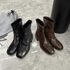 Négyzetorrú Retro Szűk Csizma Rövid Csizma Női Vastag Sarkú Kis Bokacsizma Brit Martin Csizma Egysoros Csizma