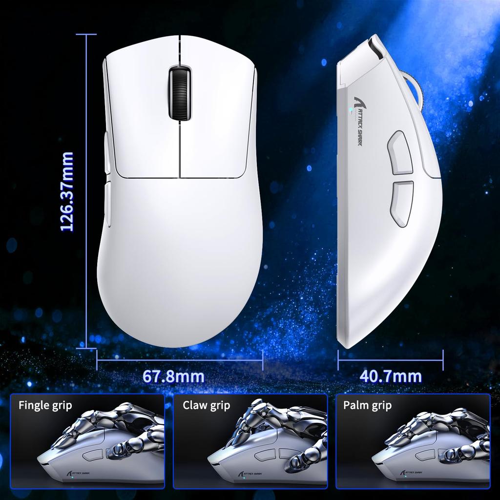 ATTACK SHARK V8 Gaming Mouse with Nordic54L15 PAW3950MAX Sensor 42000 50 DPI Increments for Fine Adjustment - Ultra-lightweight 59g±3g, DPI, (White)