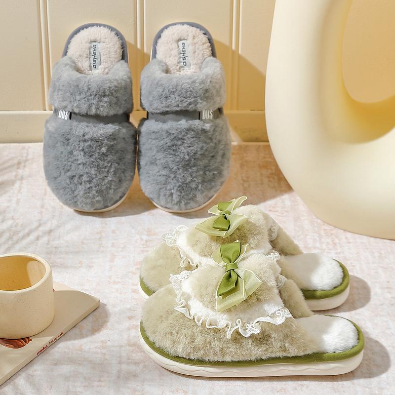Bow cotton slippers couple indoor home winter warm thick bottom non-slip stepping on shit fluffy slippers winter