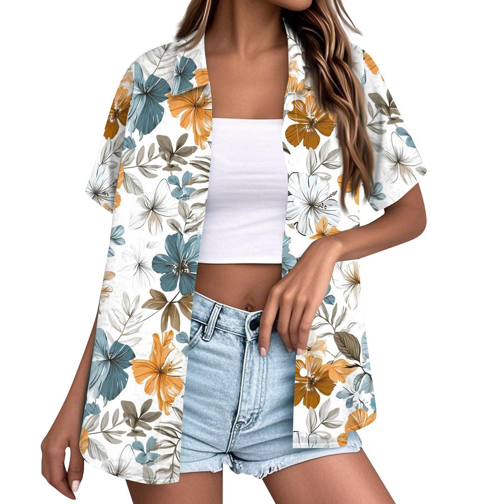 Women’s Fashion Casual Hawaiian Print Short Sleeve Button Down Collared Shirt Top with Relaxed Fit for Everyday Wear
