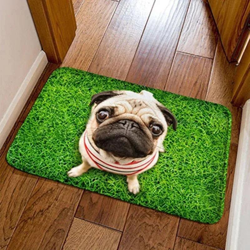 Cute Pug Dog Door Mat Colorful Knitted Yarn Print Non-Slip Entryway Rug Boho Rainbow Knit Pet Lover Floor Mat for Front Door