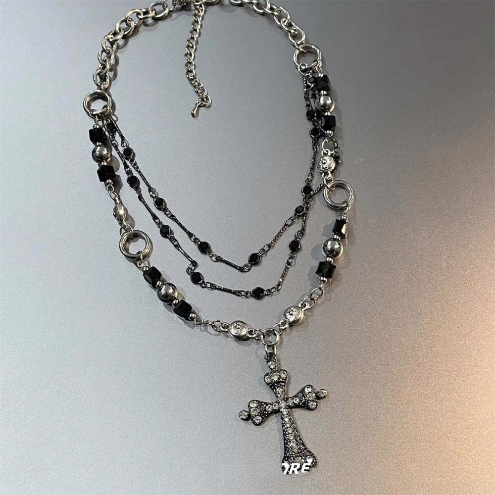 Punk Hiphop Black Cross Pendant Necklace for Men Women Y2K Gothic Multi Layer Chain Rhinestone Necklace Cool Jewelry Gifts