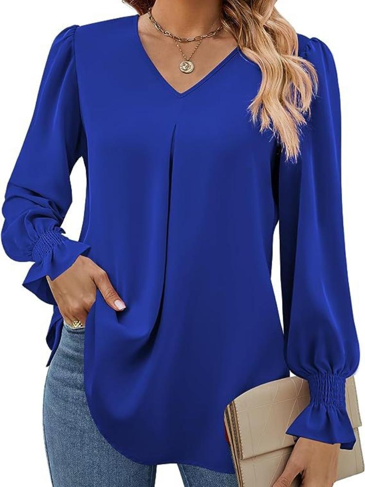 

Women s V-Neck Long Sleeve Blouse with Ruffled Cuffs in Multiple Colors XXL синій