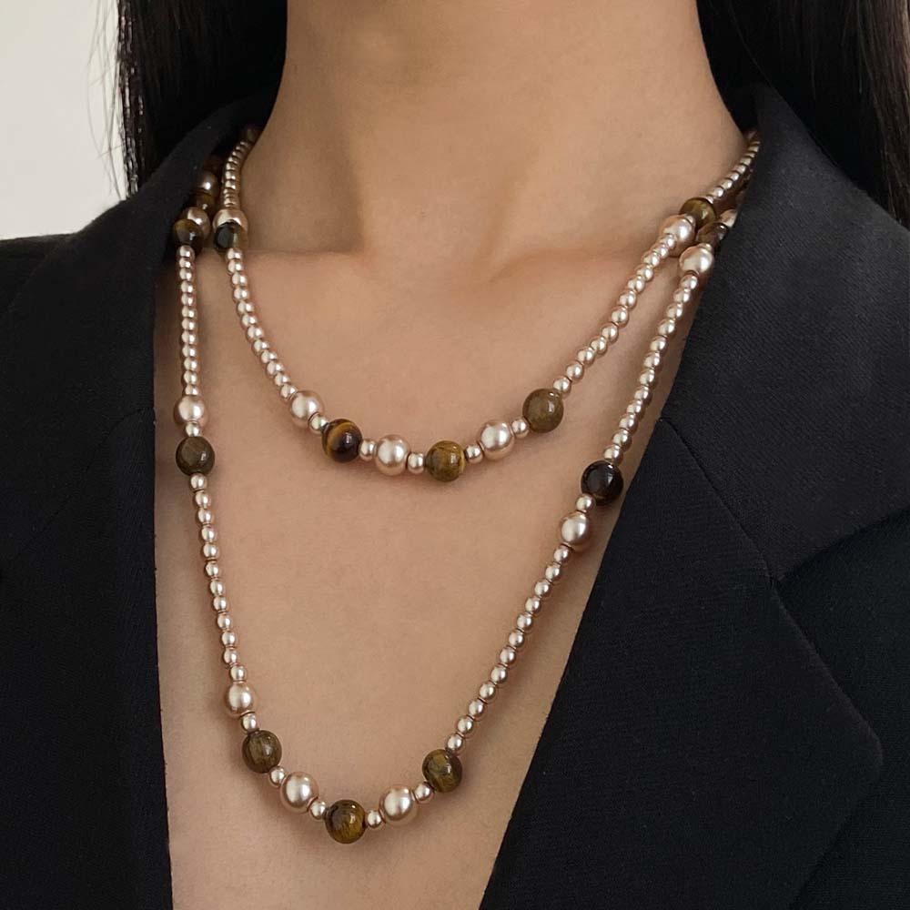 Retro Tiger Eye Stone Necklace Artificial Glass Chain Choker New Pearl Beaded Necklaces  for Women