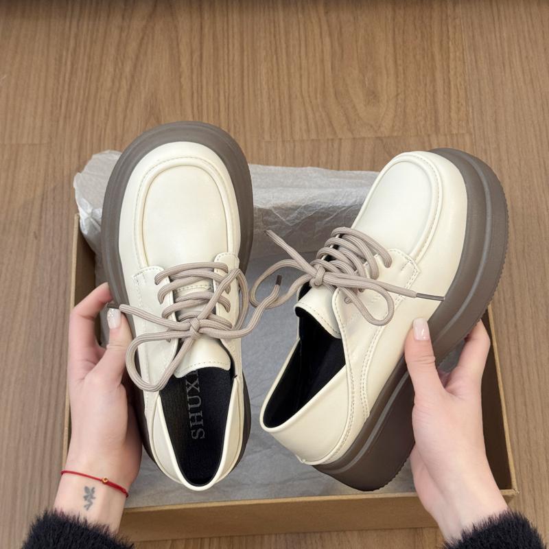 

2026 Новые Весенние Женские Массивные Лоферы Обувь Лаконичная Круглый Носок На Шнуровке Обувь Женская Британский Стиль Платье Кожаные Однотонные Туфли 35 хаки