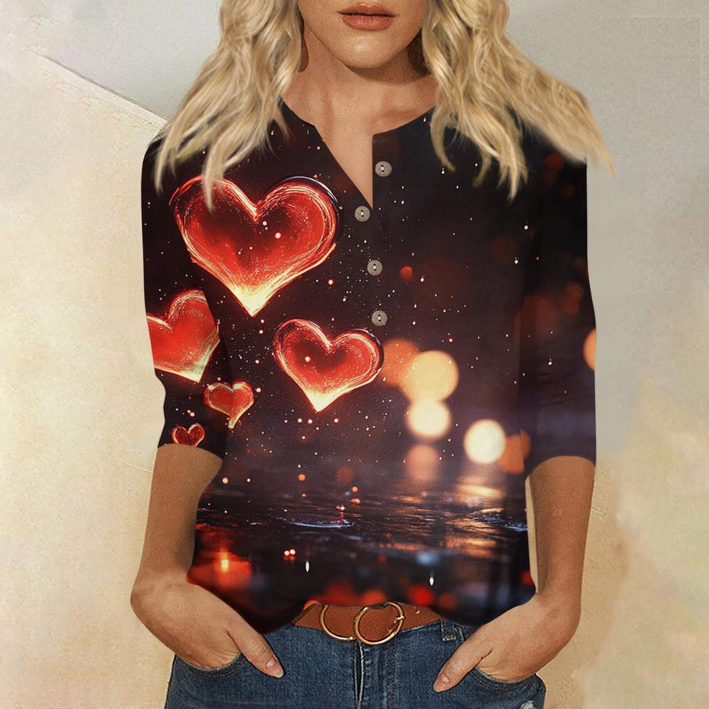 Damenmode Lässig Knopf 3/4 Ärmel Valentinstag Bedruckt Hals Oberteil
