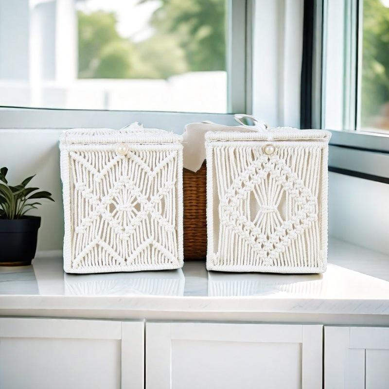 Hand-Woven Bohemian Nordic Cotton Rope Basket: Desktop Organizer, Cosmetics Holder, Flower & Fruit Basket, and Tissue Box.