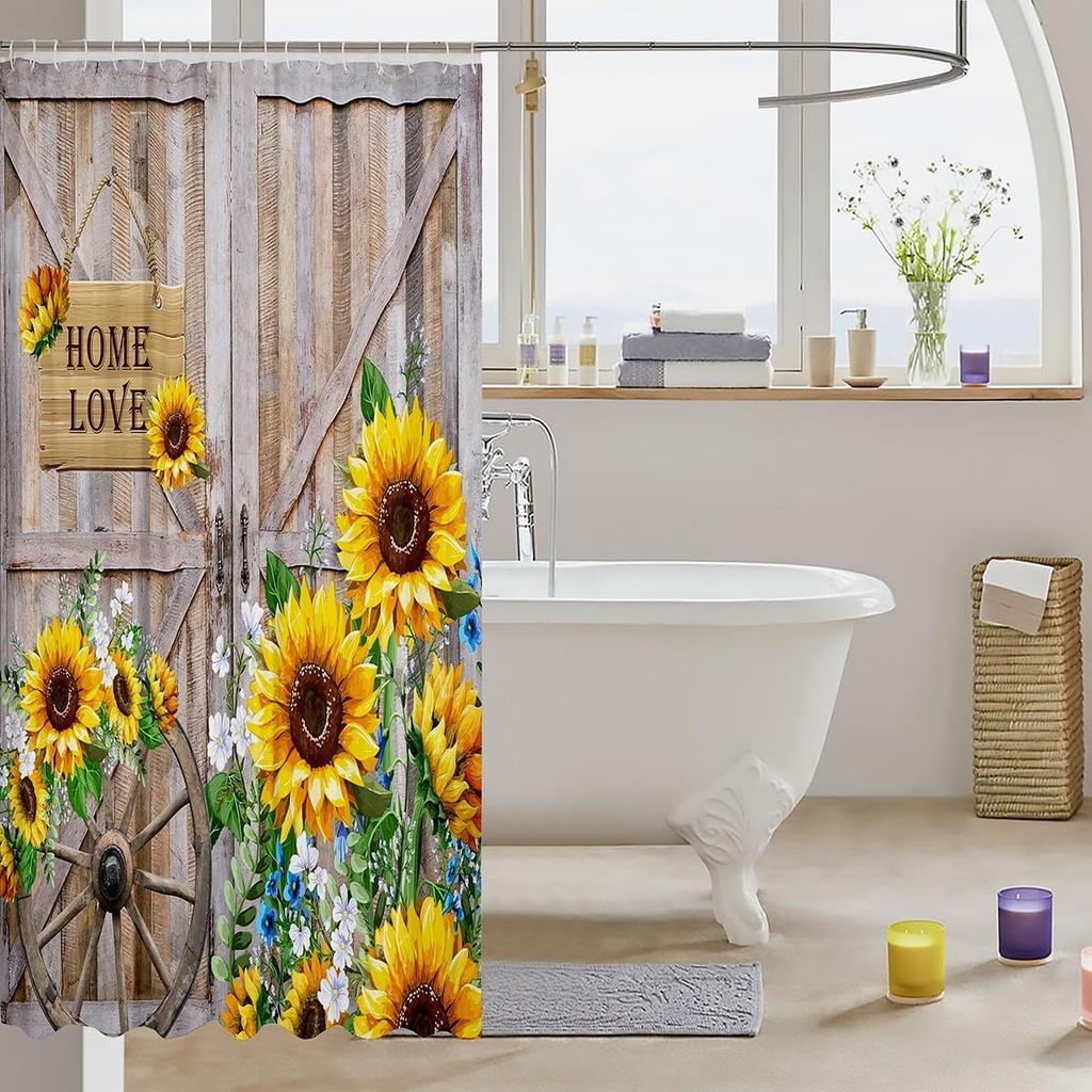 Rustic Sunflower Shower Curtain Wooden Barn Door Home Love Sign Farmhouse Decor Yellow Flowers Bathroom Accessories Waterproof