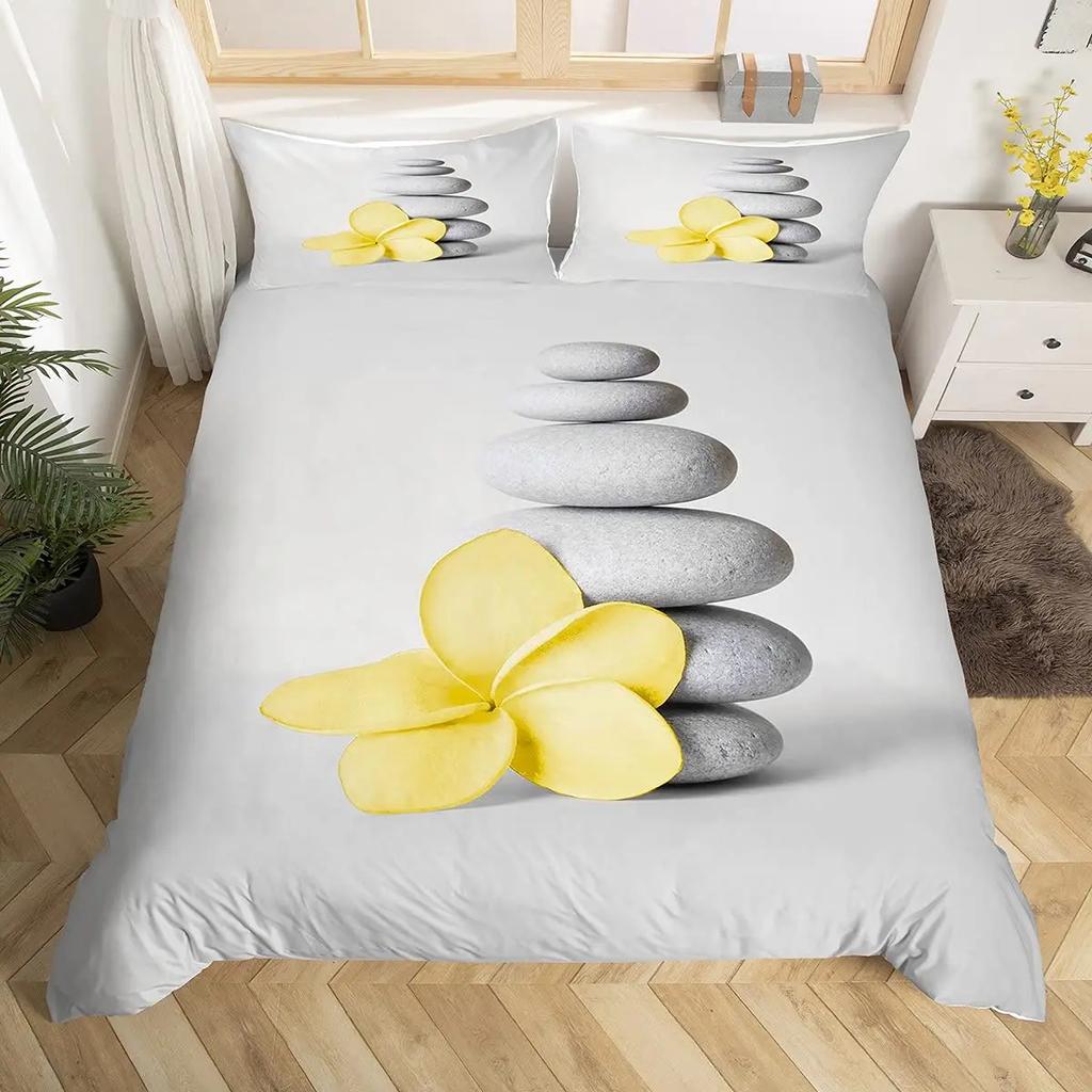 Zen Duvet Cover Set Sandy Beach Meditation Bedding Set Zen Stones Comforter Cover Tranquil Nature Artwork Quilt Cover Full Size