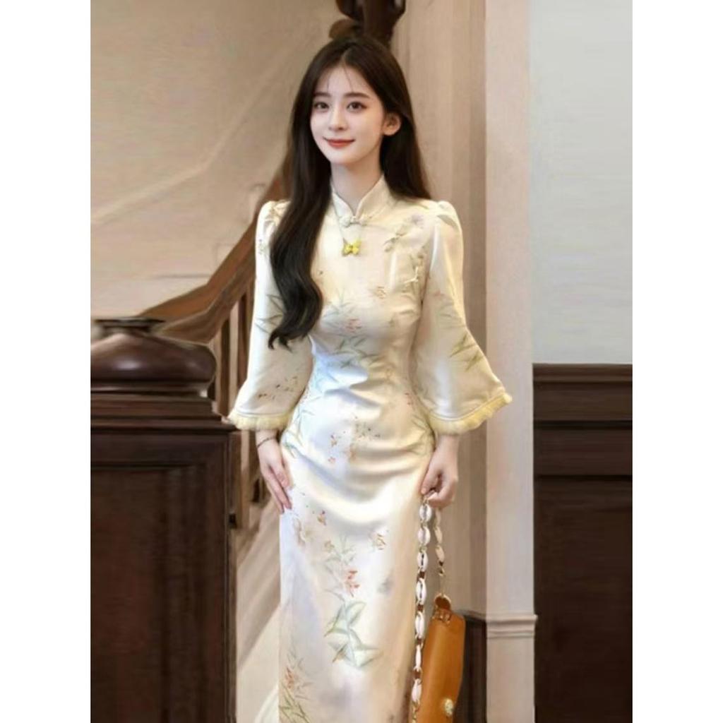 (High quality) New Chinese style, improved cheongsam skirt, high-end temperament, super slim hip-wrapped dress, autumn and winter