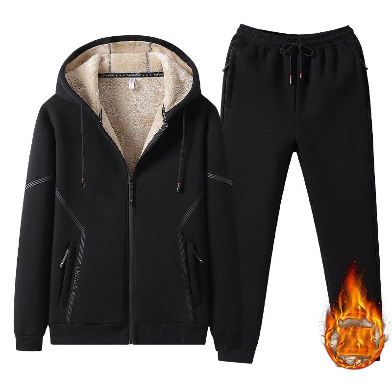 Mens Lambswool Thickened Sportswear Set Autumn Winter Plus Size Fleece Cardigan Two Piece Sweatshirt